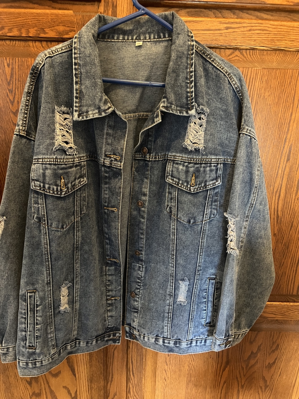 Womens Distressed Blue Denim Jacket - Casual Oversized Xl (Fits More Like 2xl)